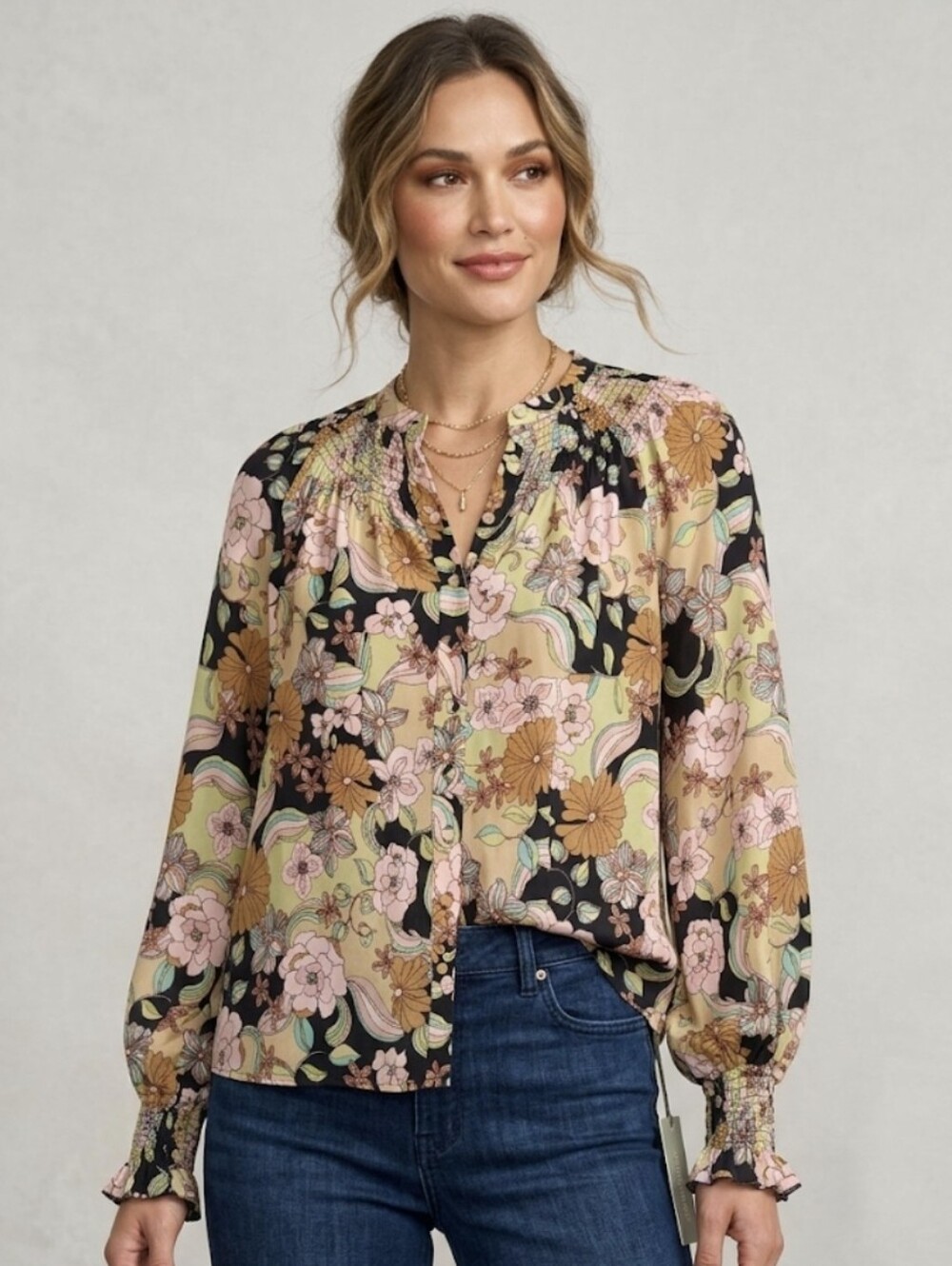 Johnny Was 100% Silk 70s Floral Smocked Boho Button Front Blouse Size Medium